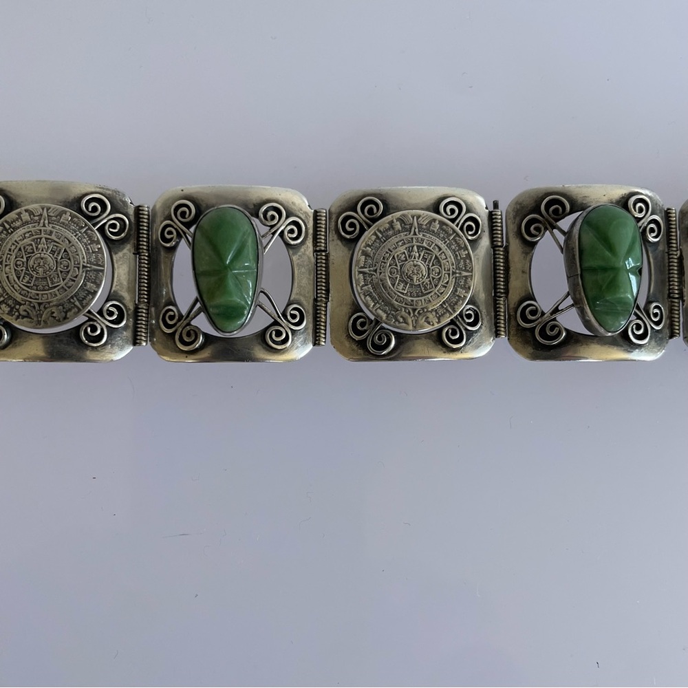 Vintage Jose Anton Taxco Sterling Silver Chrysoprase Aztec Calendar Bracelet
